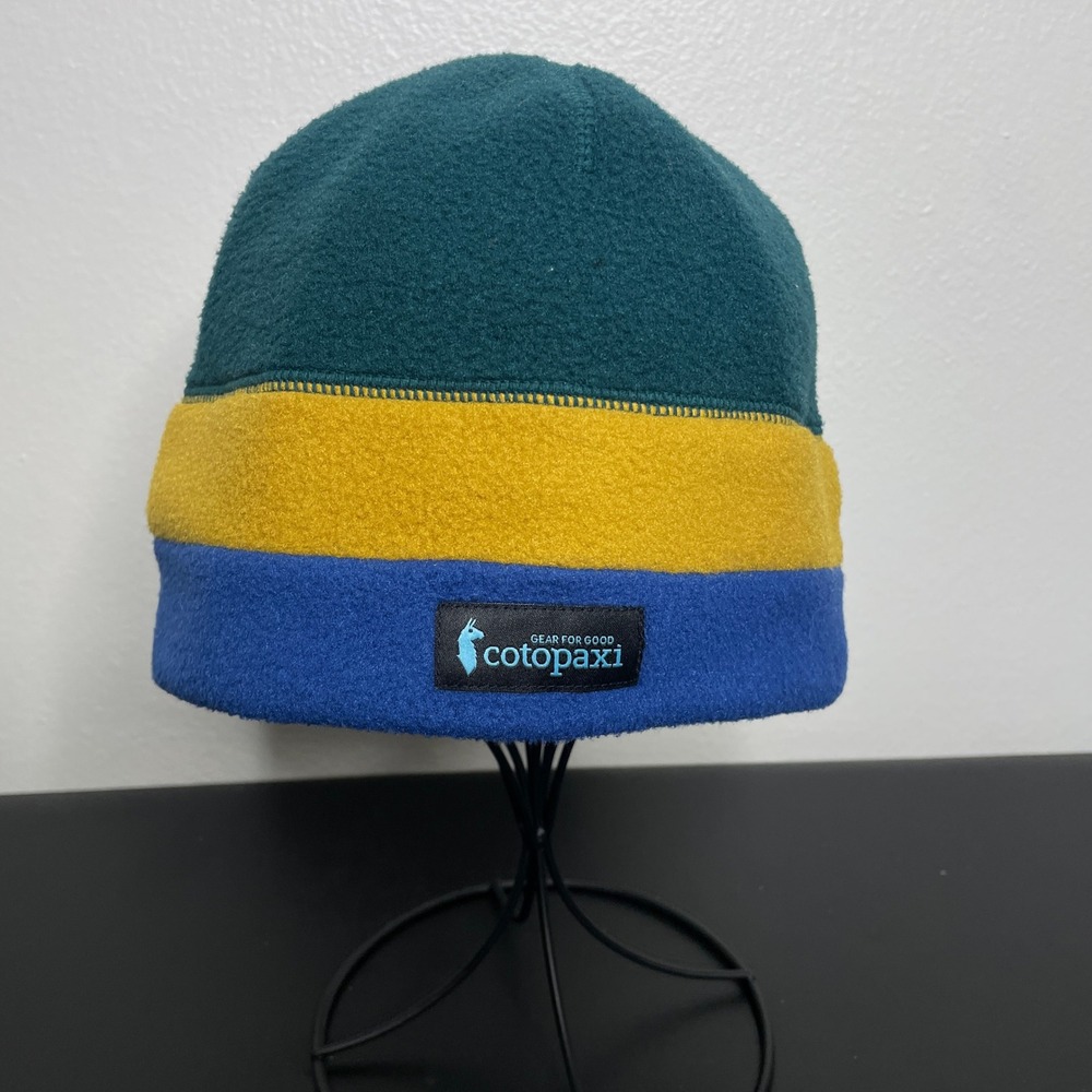 Cotopaxi Fleece Beanie OS Teal Yellow Blue Colorblock Recycled Outdoor Hat